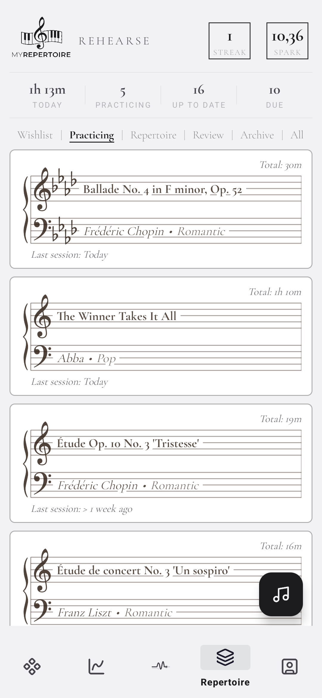 MyRepertoire main screen: piece list in the Score design, with staff lines used as the row for each piece