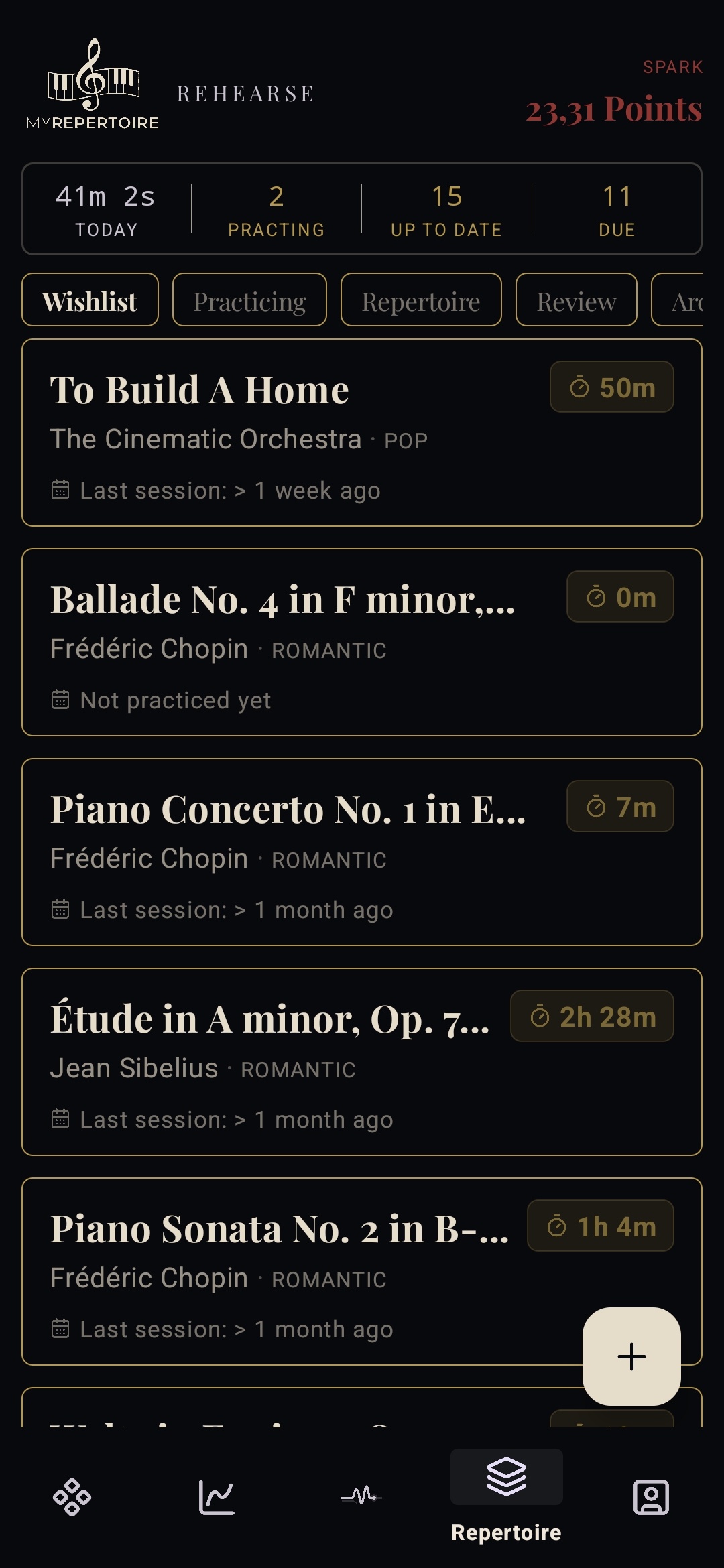 Grande design: black and gold piece list with crimson accents
